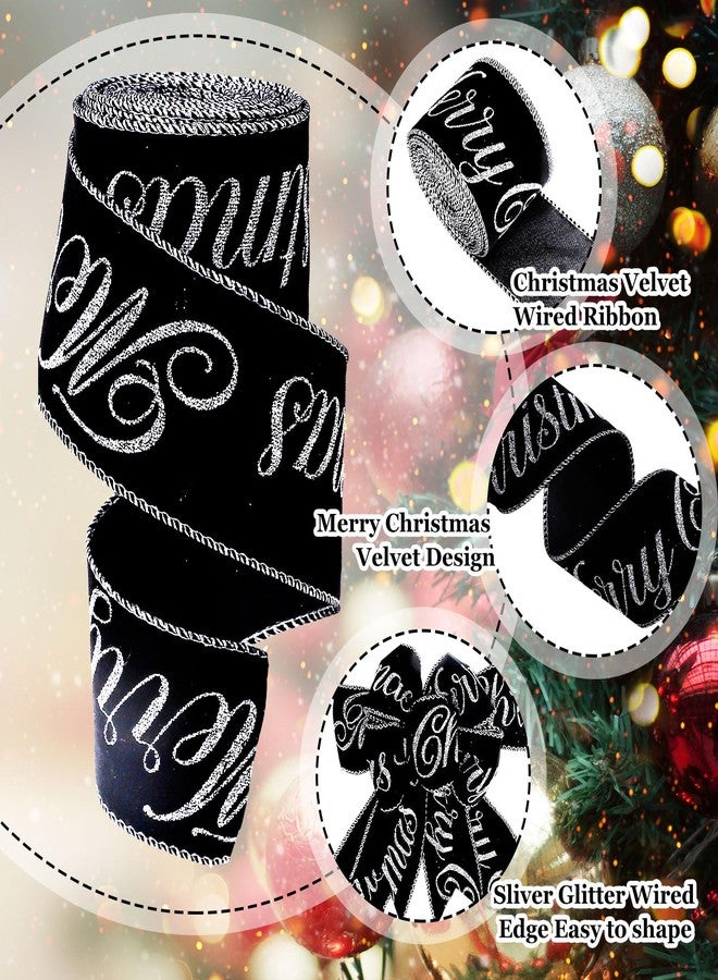 وولاين شريط مخملي سلكي من والين، لفتان، 2.5 بوصة، أسود وفضي لامع، لتزيين عيد الميلاد، مناسب لتغليف الهدايا، وصنع الأقواس، وأكاليل الزهور، وديكور المنزل، بطول 20 ياردة. - Image 3